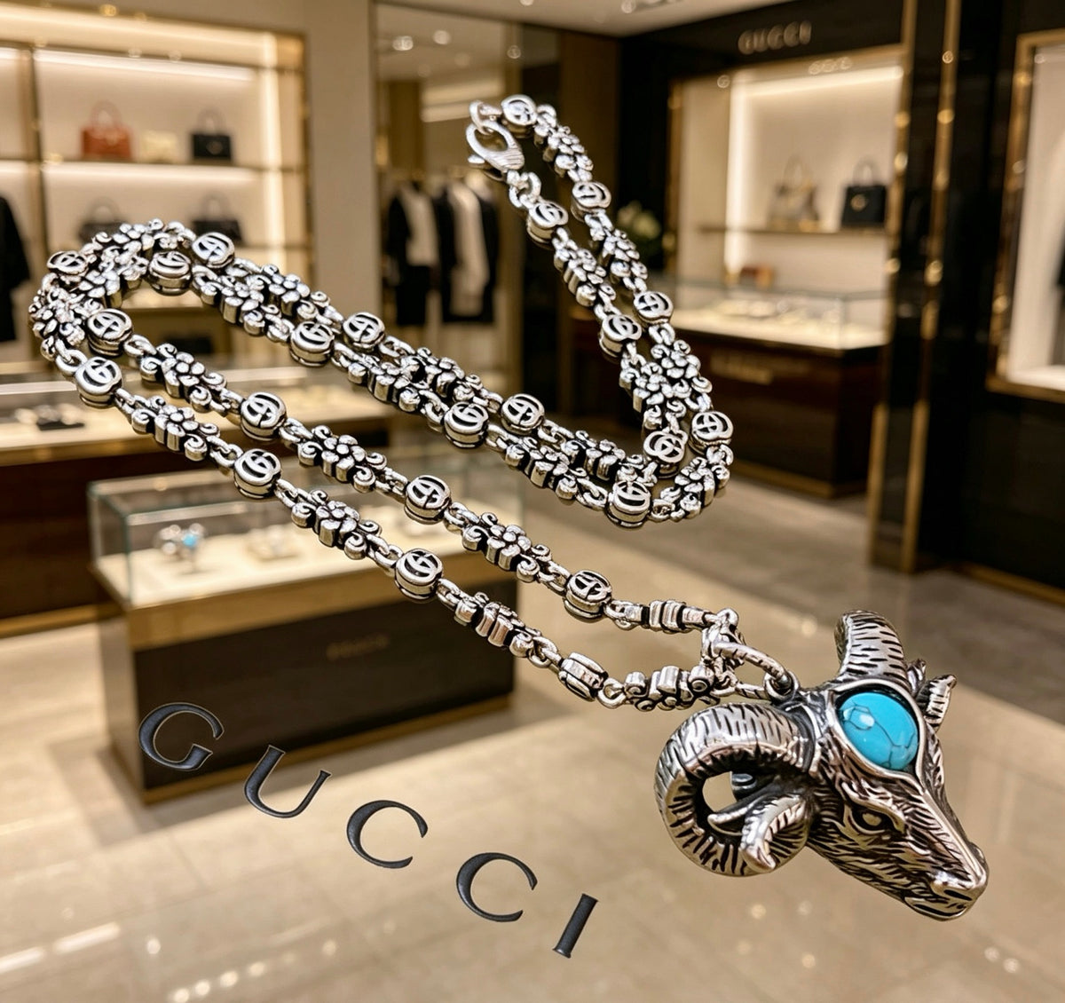 Double-G Emblem Pendant Necklace in Polished Metal-Tone – Design 004 front product view