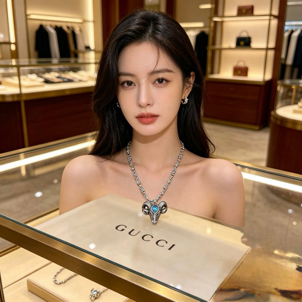 Double-G Emblem Pendant Necklace in Polished Metal-Tone – Design 004 styled product view