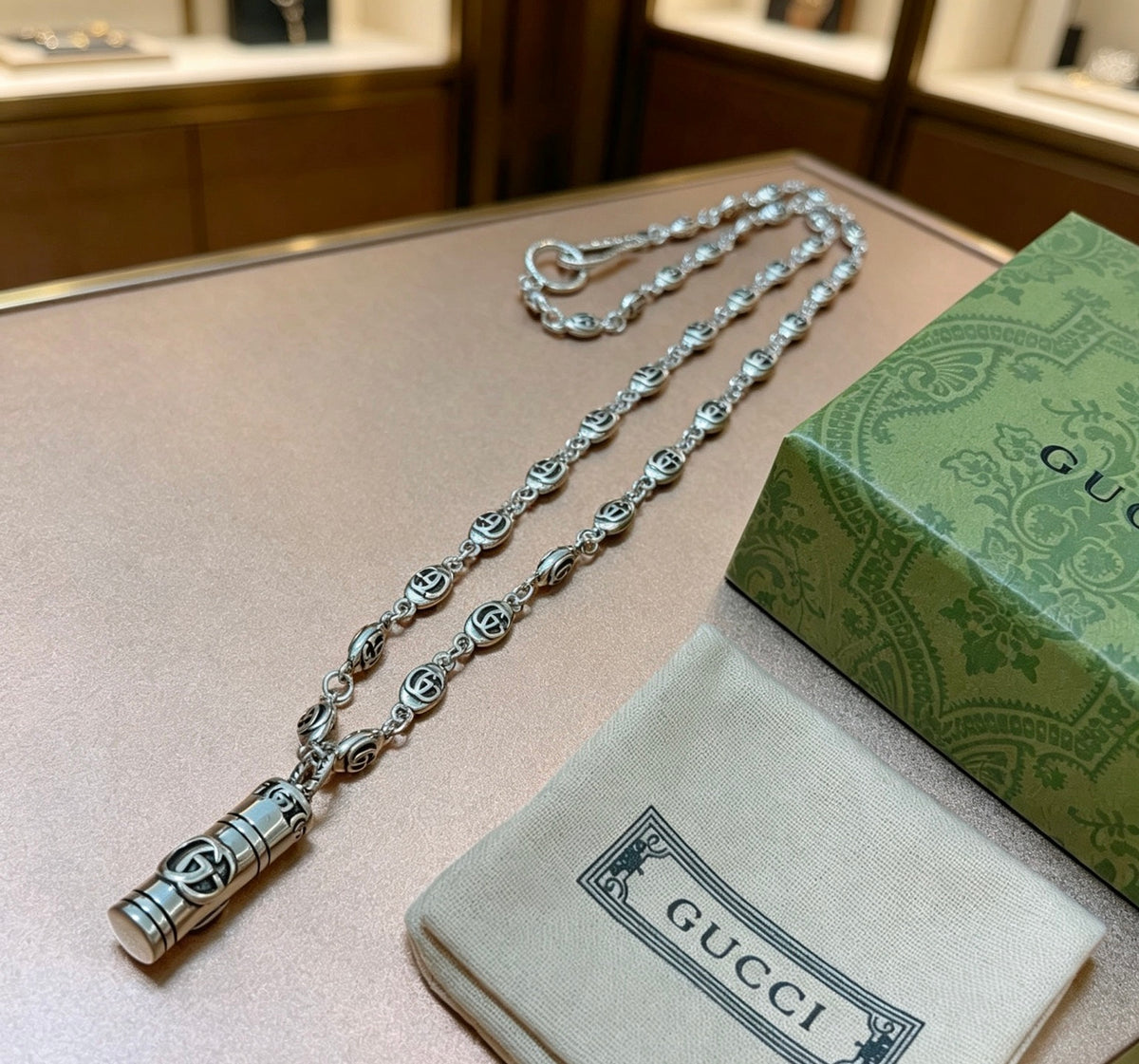 Double-G Emblem Pendant Necklace in Polished Metal-Tone – Vintage Detail – Design 005 front product view