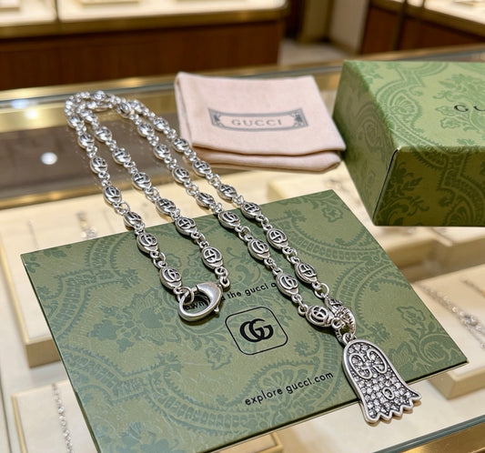Double-G Emblem Pendant Necklace in Silver-Tone – Vintage Detail – Design 005 main product view