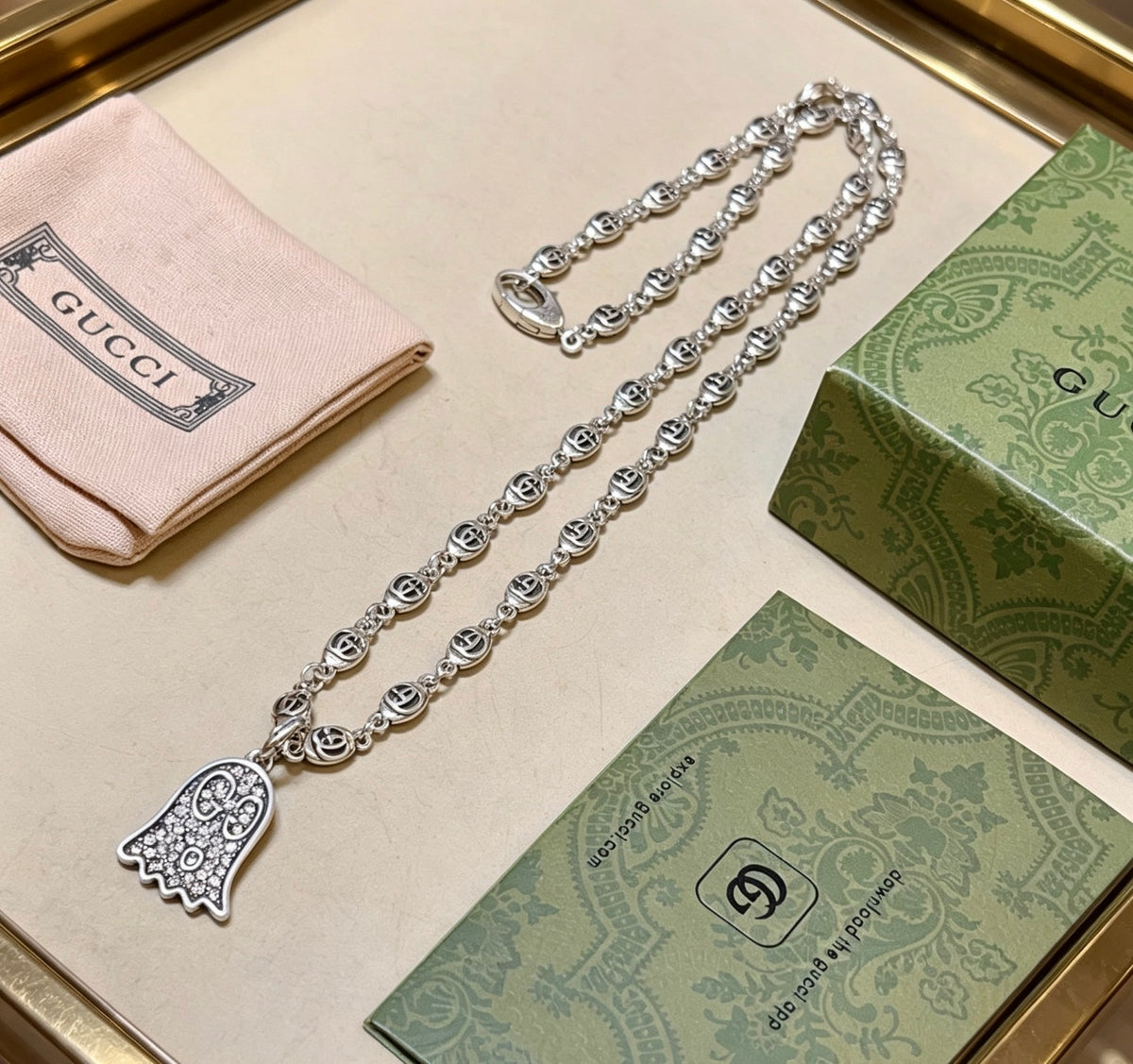 Double-G Emblem Pendant Necklace in Silver-Tone – Vintage Detail – Design 005 front product view