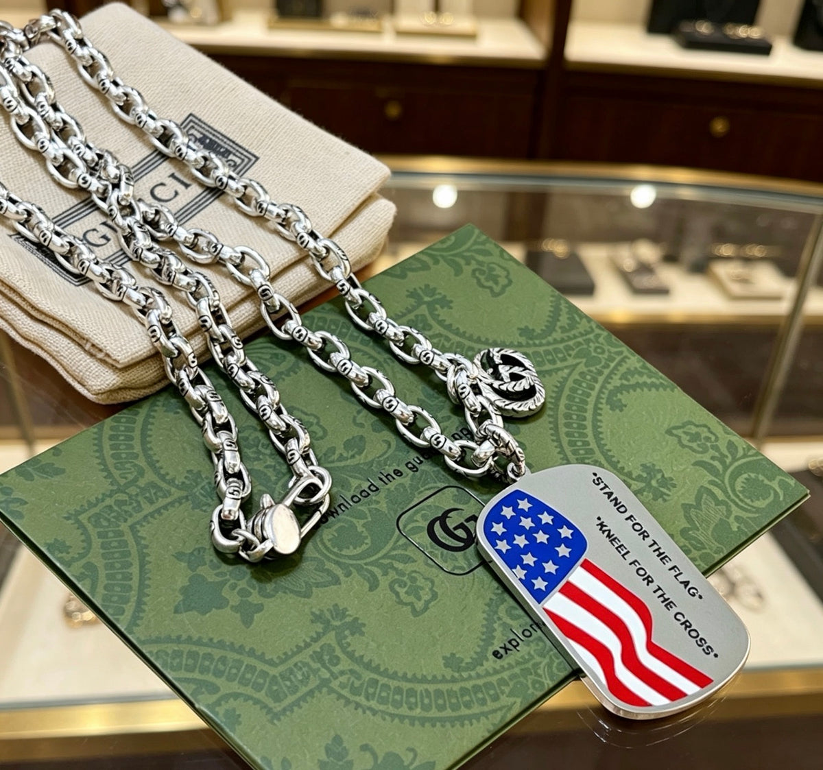 Double-G Emblem Pendant Necklace in Polished Metal-Tone – Design 002 styled product view