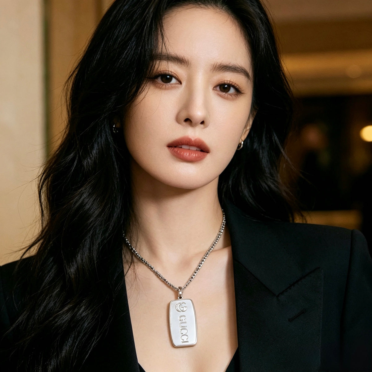 Double-G Emblem Pendant Necklace in Polished Metal-Tone – Design 001 detail view