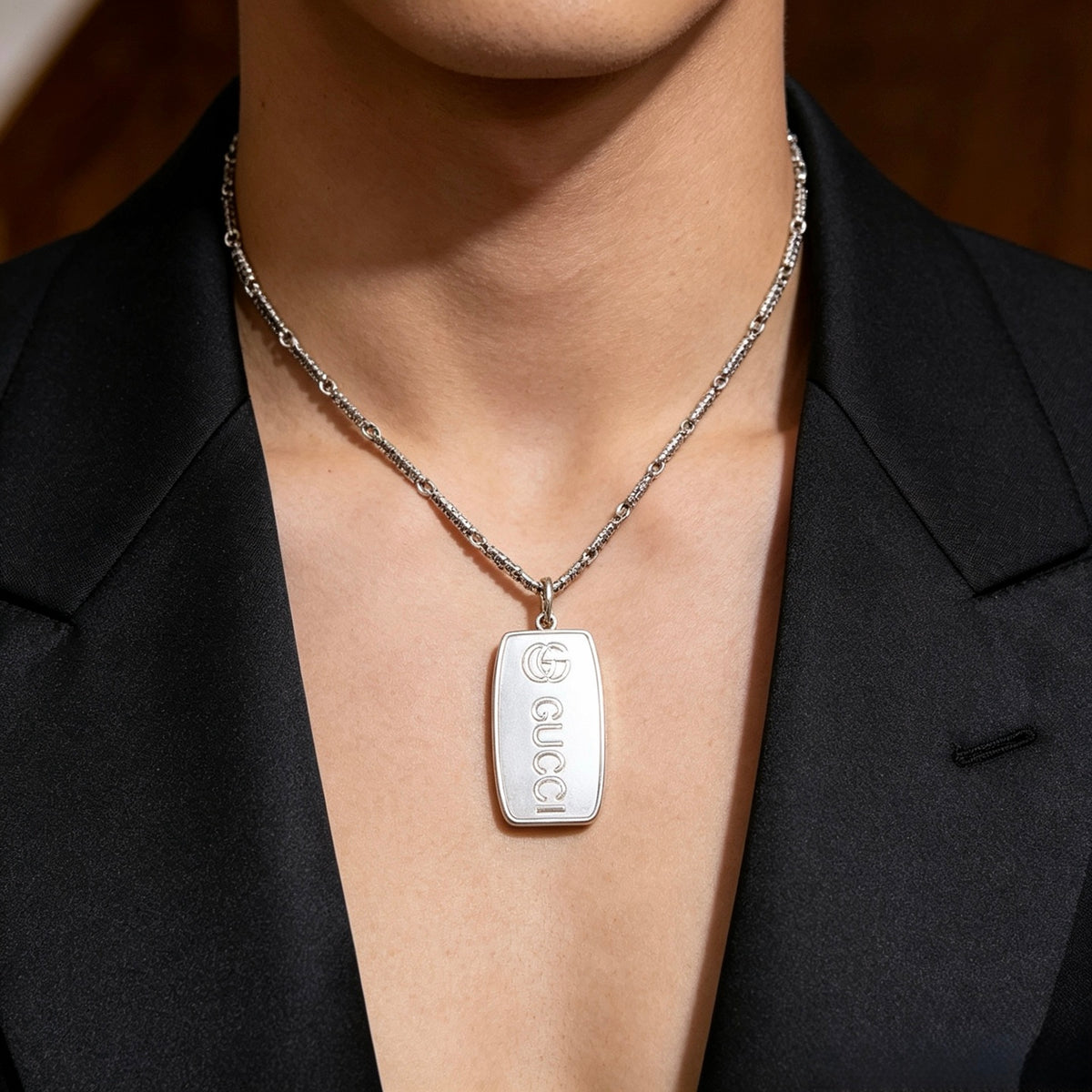 Double-G Emblem Pendant Necklace in Polished Metal-Tone – Design 001 main product view