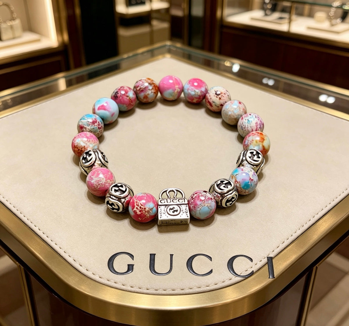 Double-G Emblem Beaded Bracelet in Polished Metal-Tone – Agate Detail – Design 004 front product view