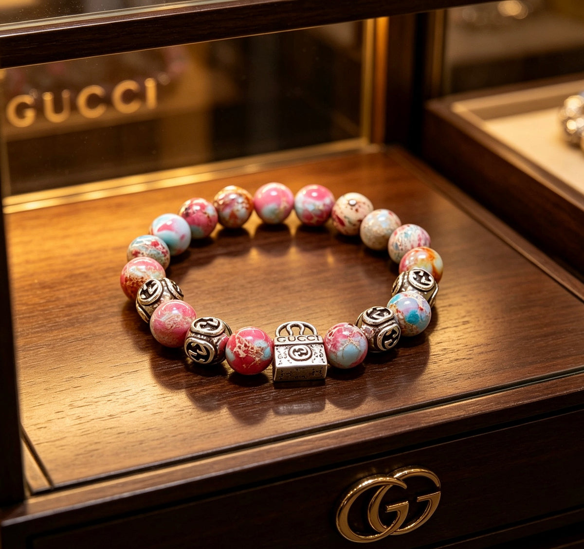 Double-G Emblem Beaded Bracelet in Polished Metal-Tone – Agate Detail close-up detail
