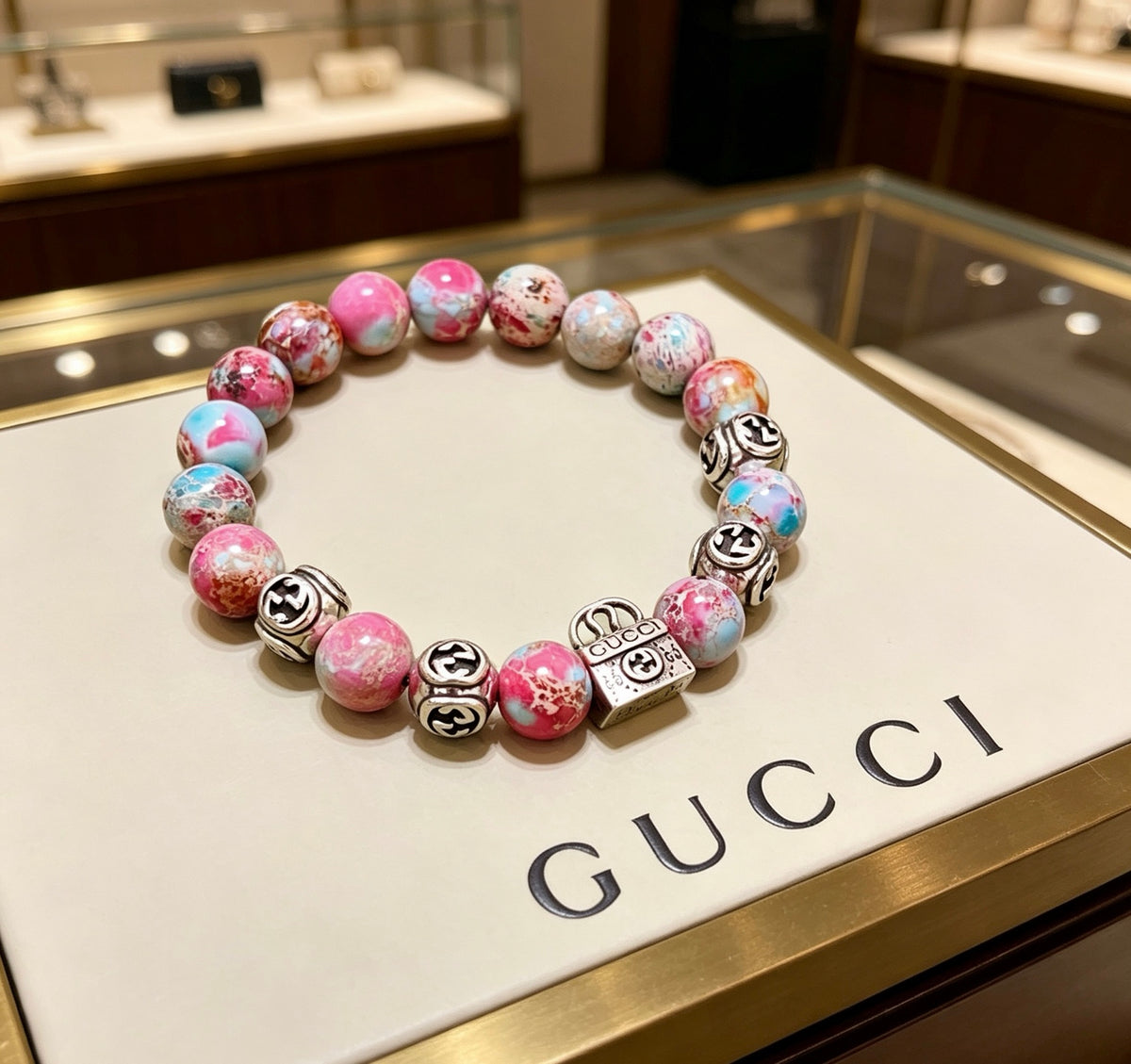 Double-G Emblem Beaded Bracelet in Polished Metal-Tone – Agate Detail – Design 004 main product view