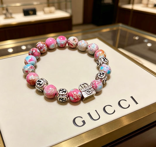 Double-G Emblem Beaded Bracelet in Polished Metal-Tone – Agate Detail – Design 004 main product view