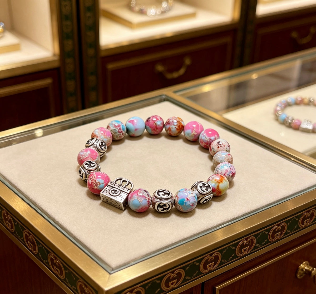 Double-G Emblem Beaded Bracelet in Polished Metal-Tone – Agate Detail main product view