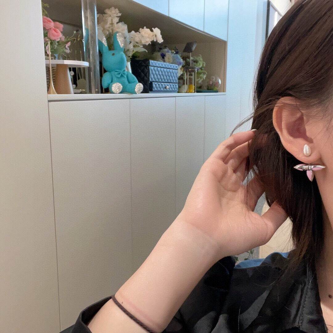 Geometric Emblem Stud Earrings in Gold-Tone – Pink Detail front product view
