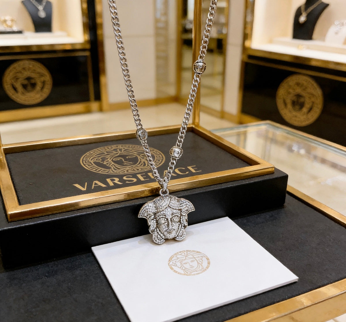 Medusa Head Pendant Necklace in Antique Silver-Tone – 60 cm – Design 04 styled product view