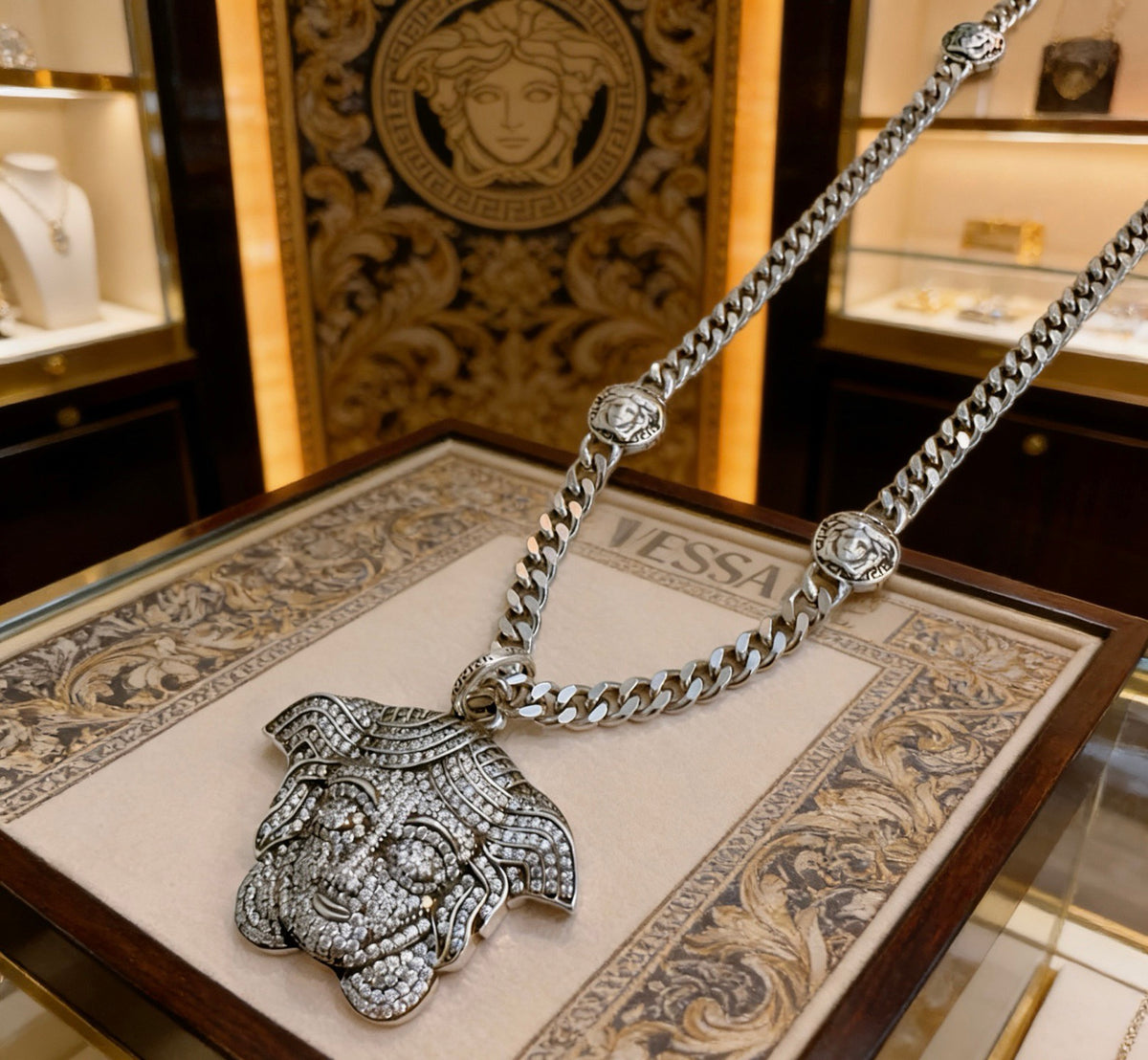 Medusa Head Pendant Necklace in Antique Silver-Tone – 60 cm – Design 04 front product view