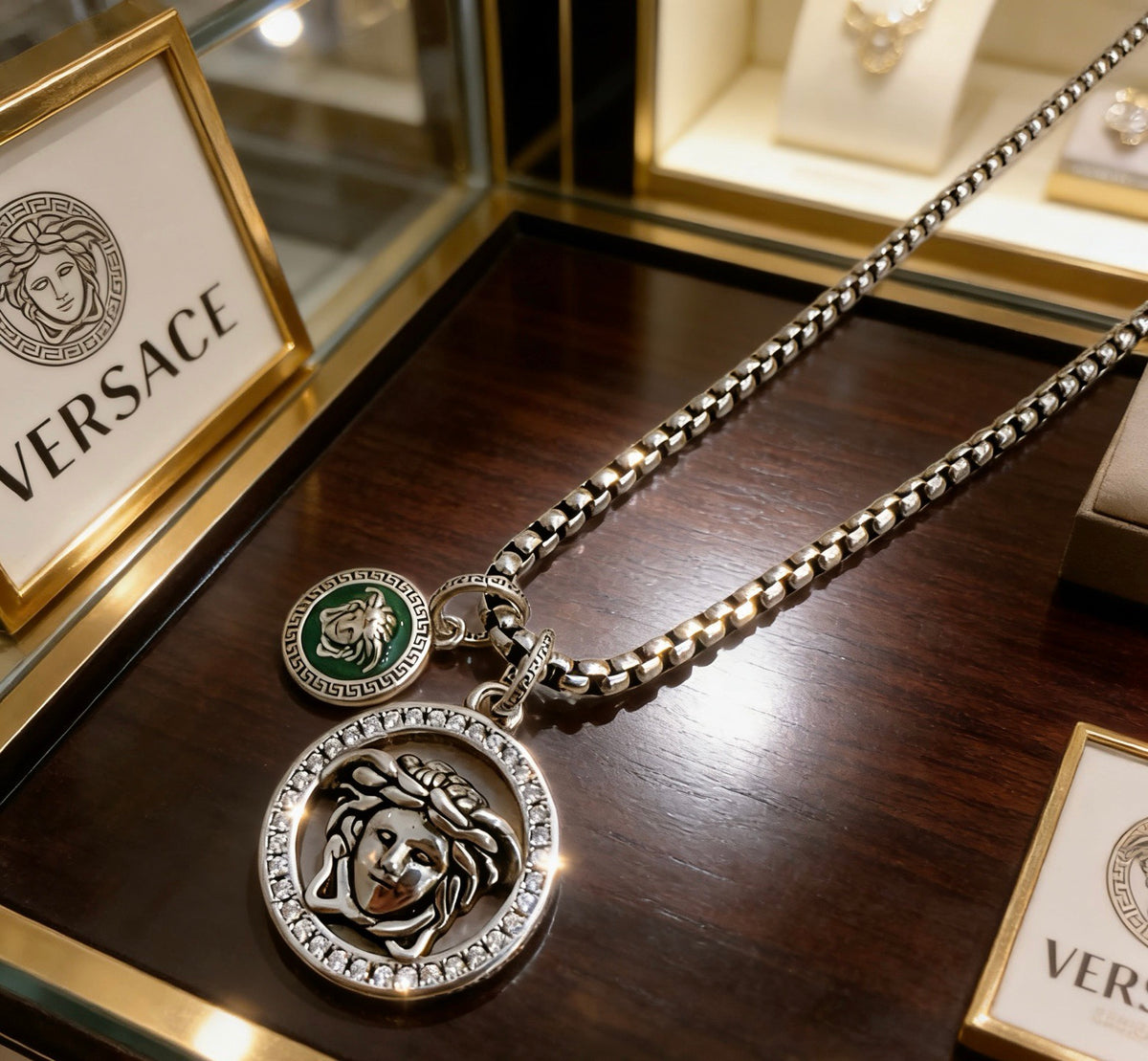 Medusa Head Pendant Necklace in Antique Silver-Tone – 60 cm – Design 03 styled product view