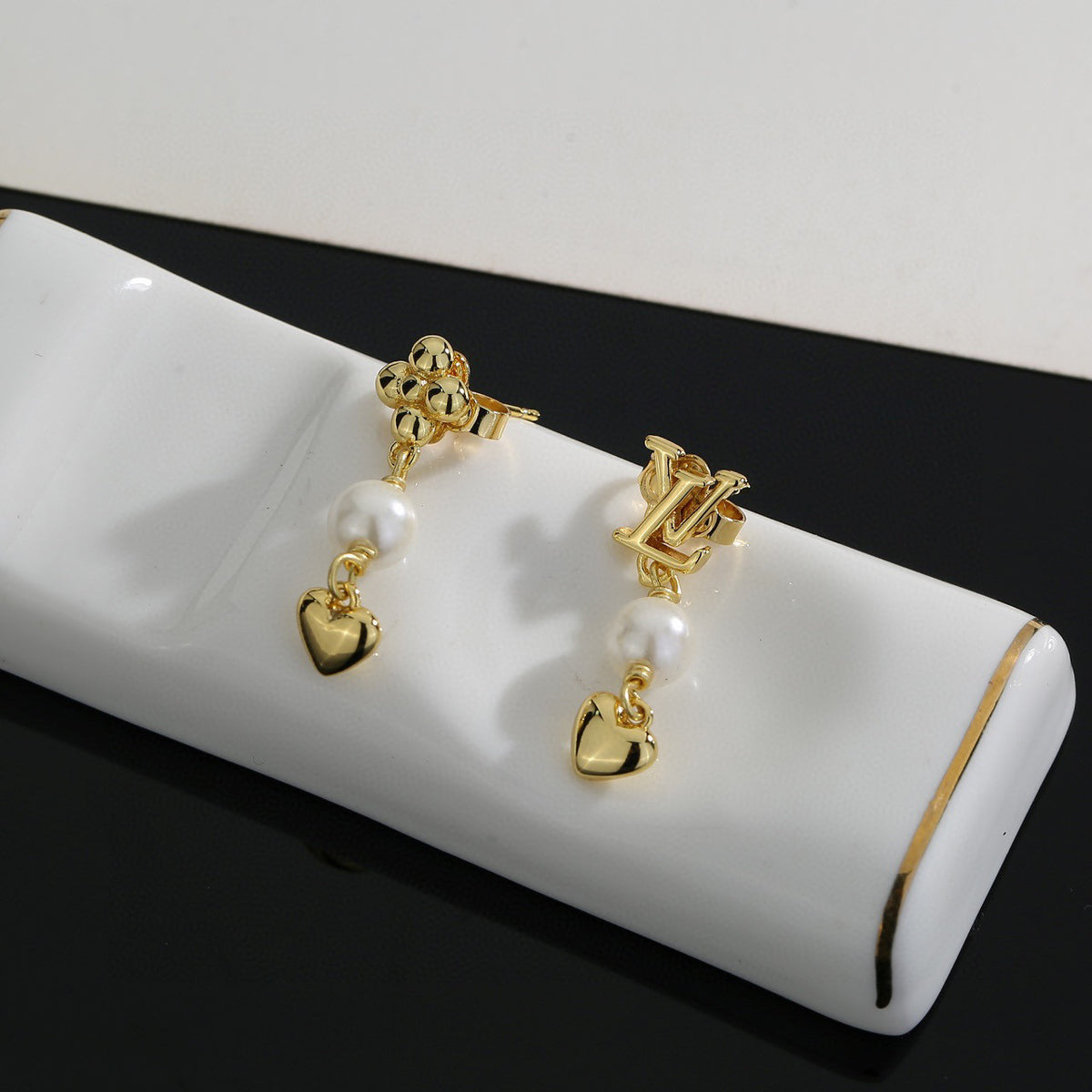 Letter Emblem Stud Earrings in Polished Metal-Tone – Design 004 side detail