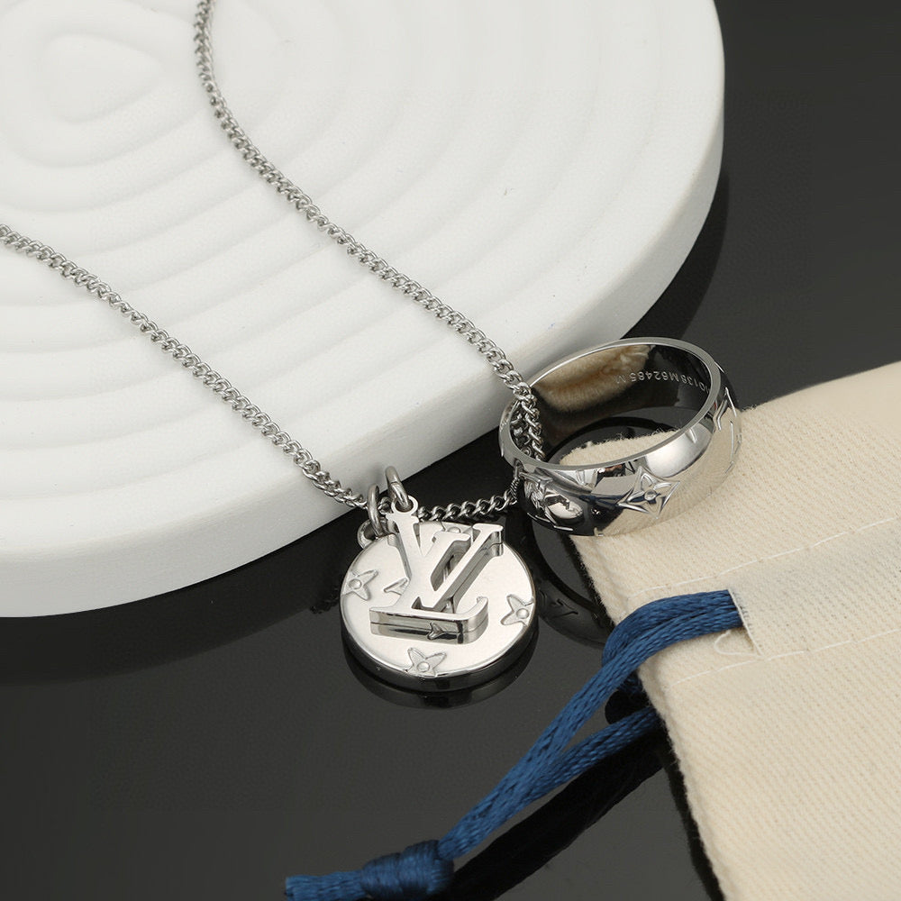 Letter Emblem Pendant Necklace in Polished Metal-Tone – Design 003 styled product view