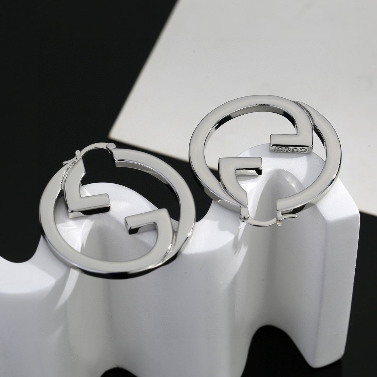 Geometric Emblem Stud Earrings in Polished Metal-Tone – Design 003 detail view