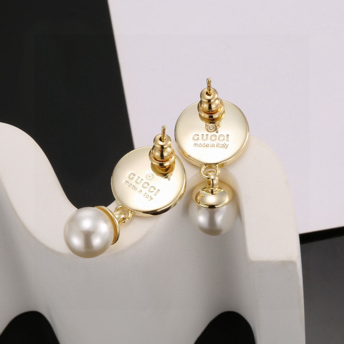 Geometric Emblem Stud Earrings in Polished Metal-Tone – Design 002 close-up detail