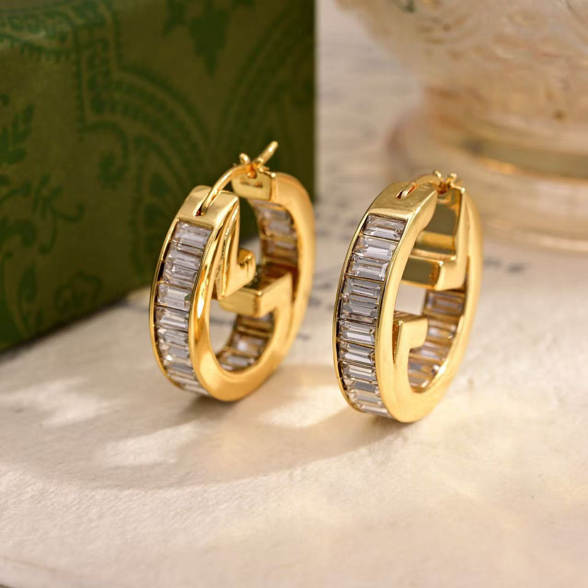 Geometric Emblem Stud Earrings in Polished Metal-Tone – Design 001 front product view