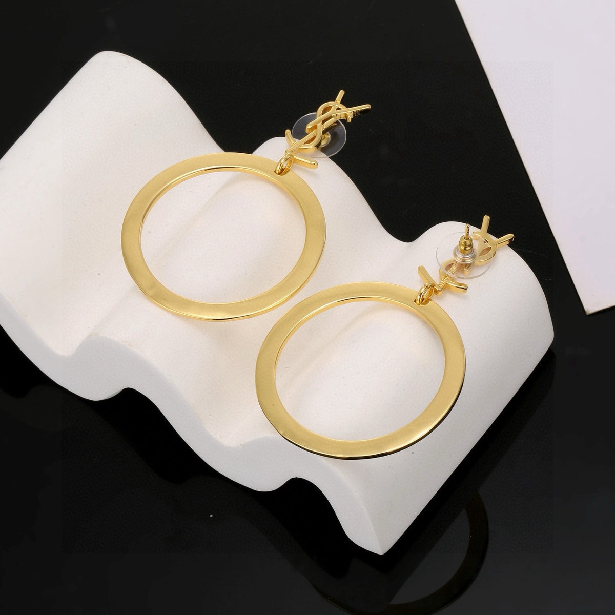 Geometric Emblem Stud Earrings in Polished Metal-Tone – Design 001 detail view
