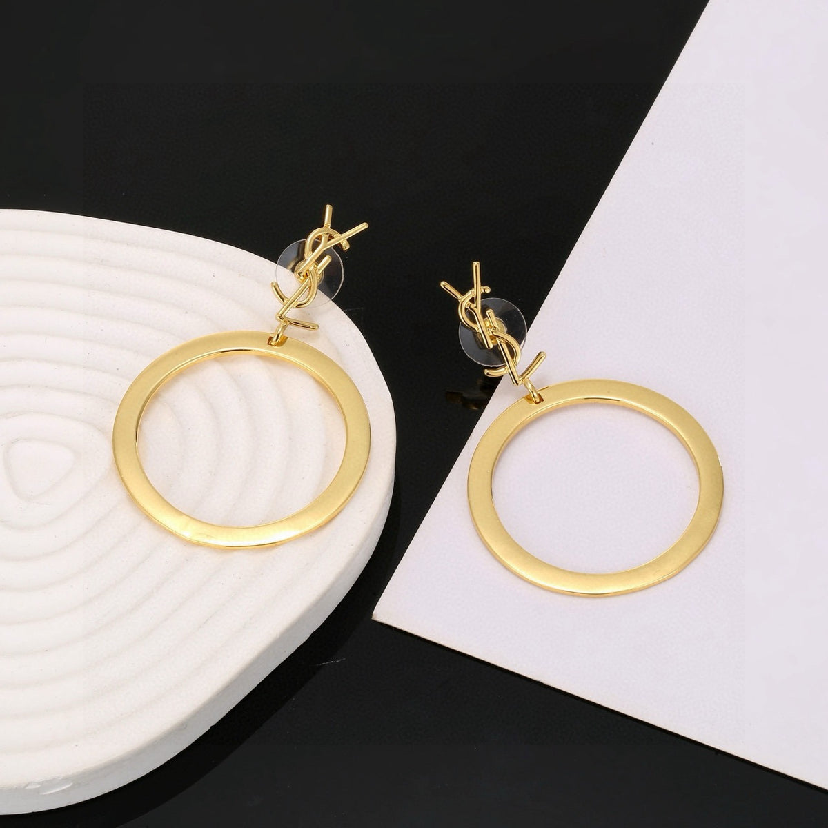 Geometric Emblem Stud Earrings in Polished Metal-Tone – Design 001 styled product view