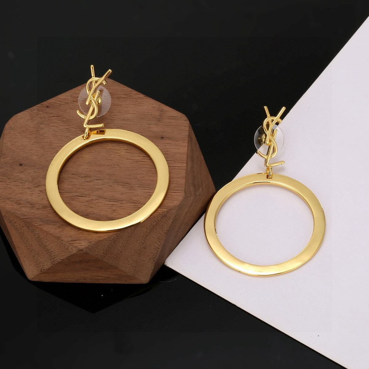 Geometric Emblem Stud Earrings in Polished Metal-Tone – Design 001 front product view
