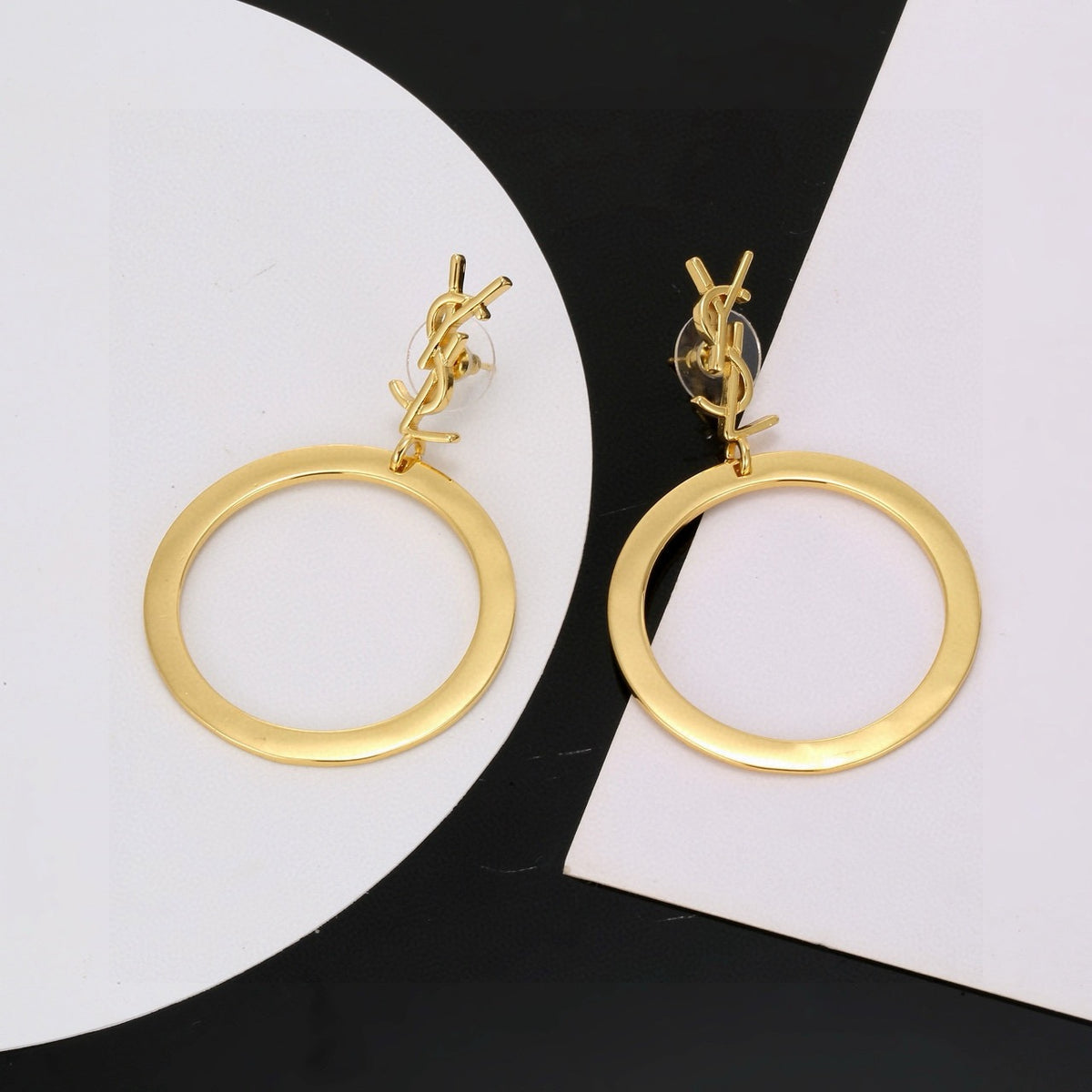 Geometric Emblem Stud Earrings in Polished Metal-Tone – Design 001 detail view