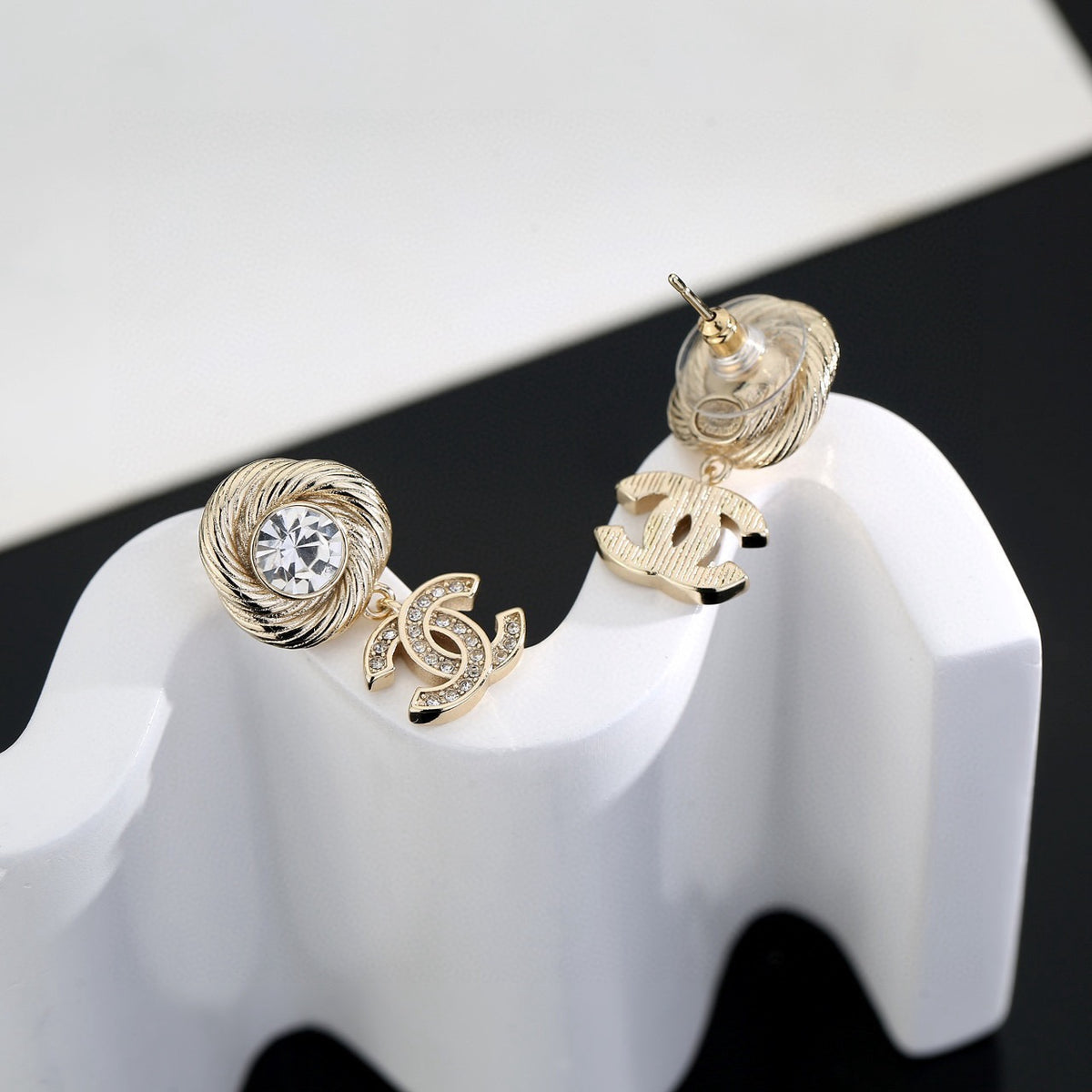 Double-C Emblem Stud Earrings in Gold-Tone – Design 001 side detail