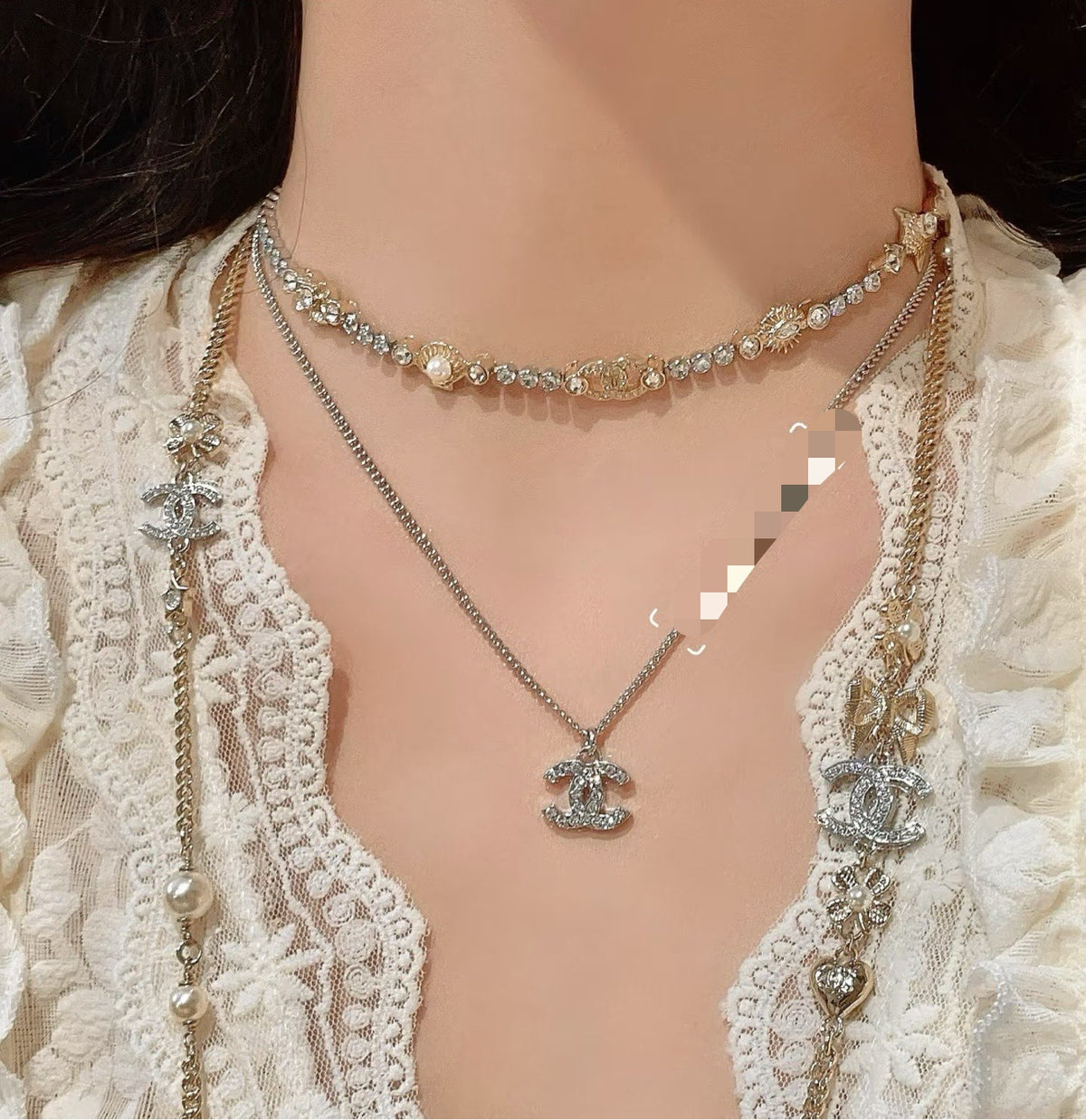 Double-C Emblem Pearl-Detail Pendant Necklace – Pearl Detail – Design 004 detail view