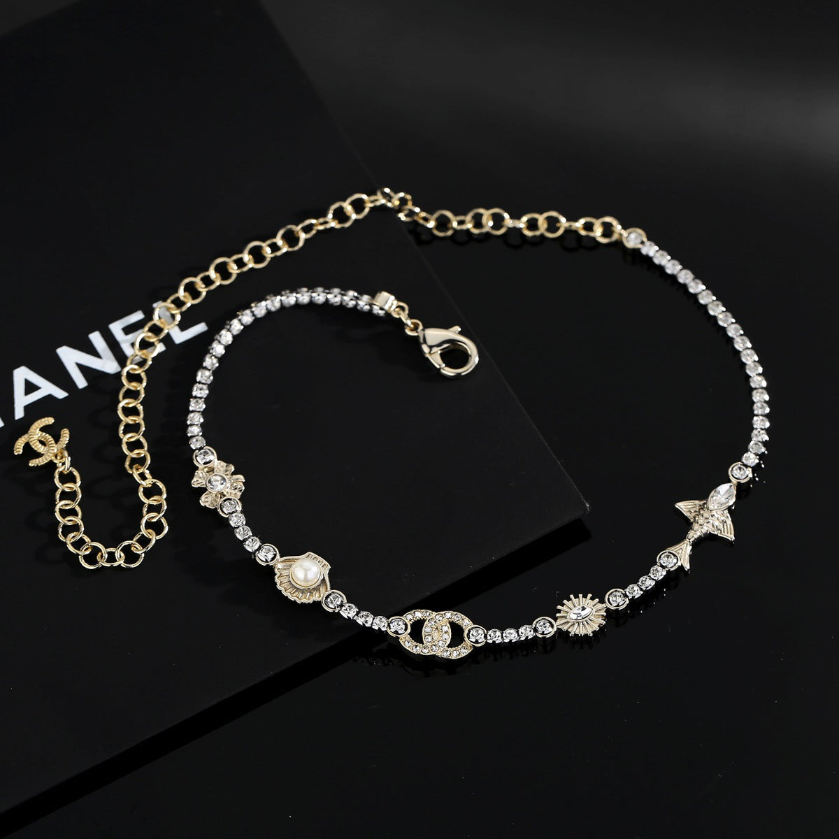Double-C Emblem Pearl-Detail Pendant Necklace – Pearl Detail front product view