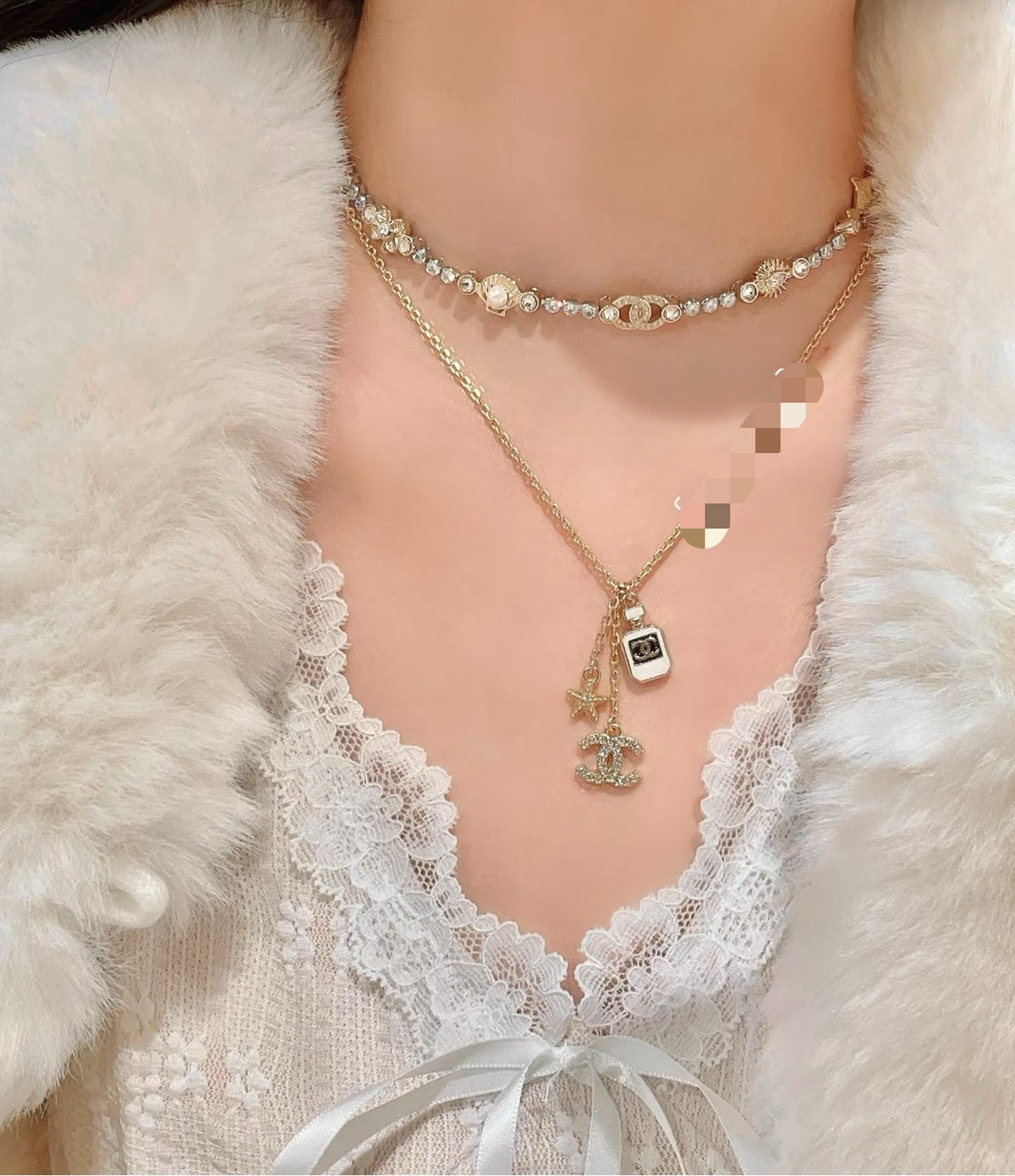Double-C Emblem Pearl-Detail Pendant Necklace – Pearl Detail – Design 004 styled product view