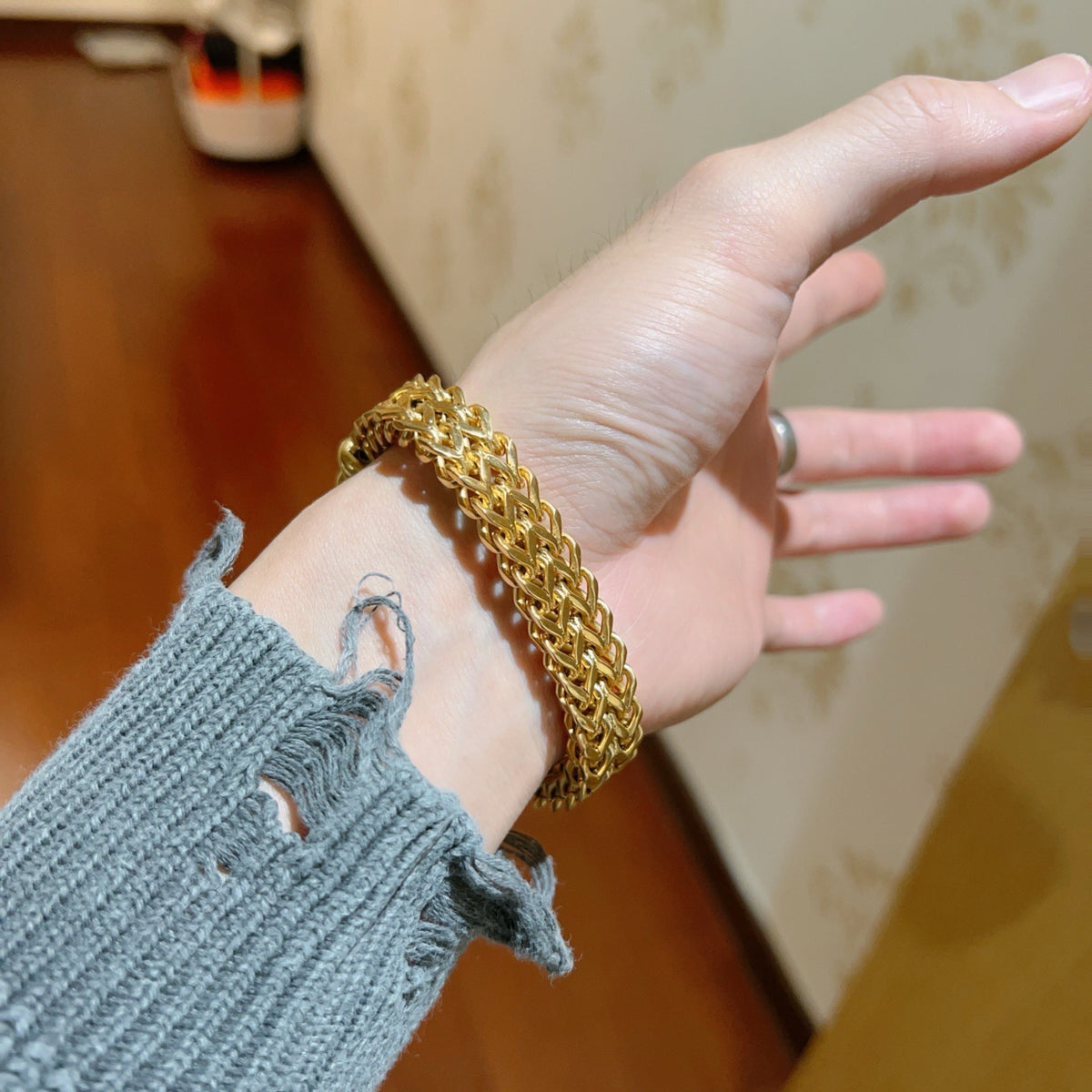 Geometric Emblem Bracelet in Polished Metal-Tone – Design 005 side detail