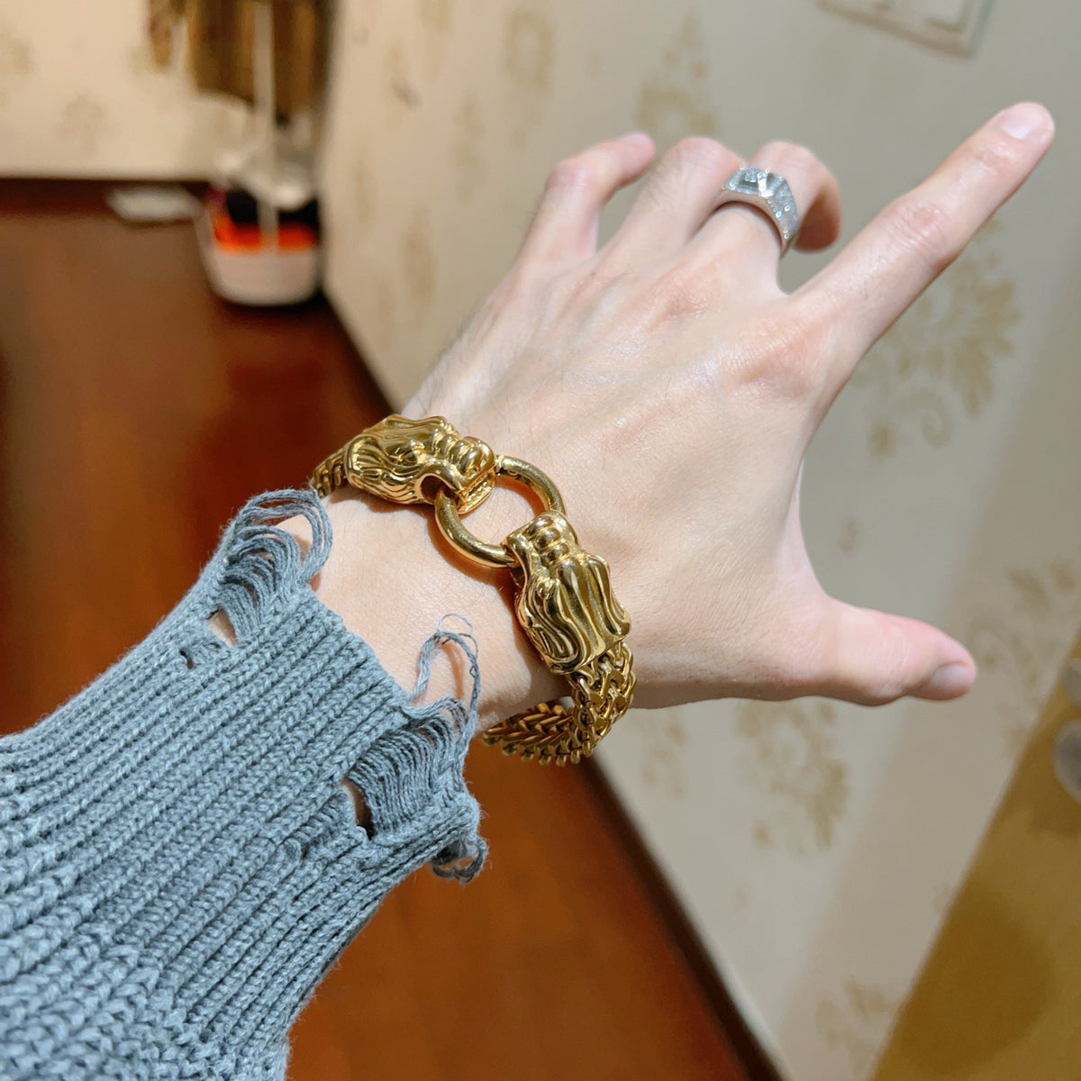 Geometric Emblem Bracelet in Polished Metal-Tone – Design 005 detail view
