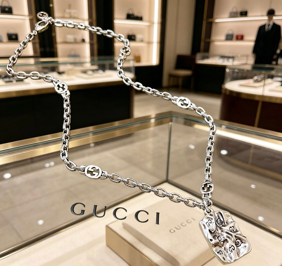Double-G Emblem Pendant Necklace in Polished Metal-Tone – Vintage Detail – Design 004 main product view