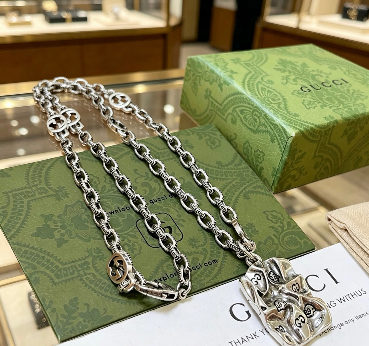 Double-G Emblem Pendant Necklace in Polished Metal-Tone – Vintage Detail – Design 004 close-up detail