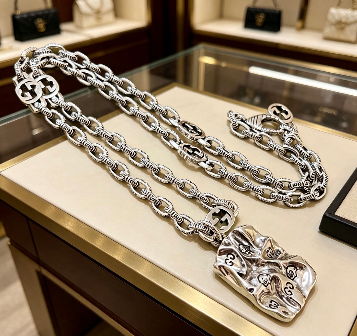 Double-G Emblem Pendant Necklace in Polished Metal-Tone – Vintage Detail – Design 004 main product view