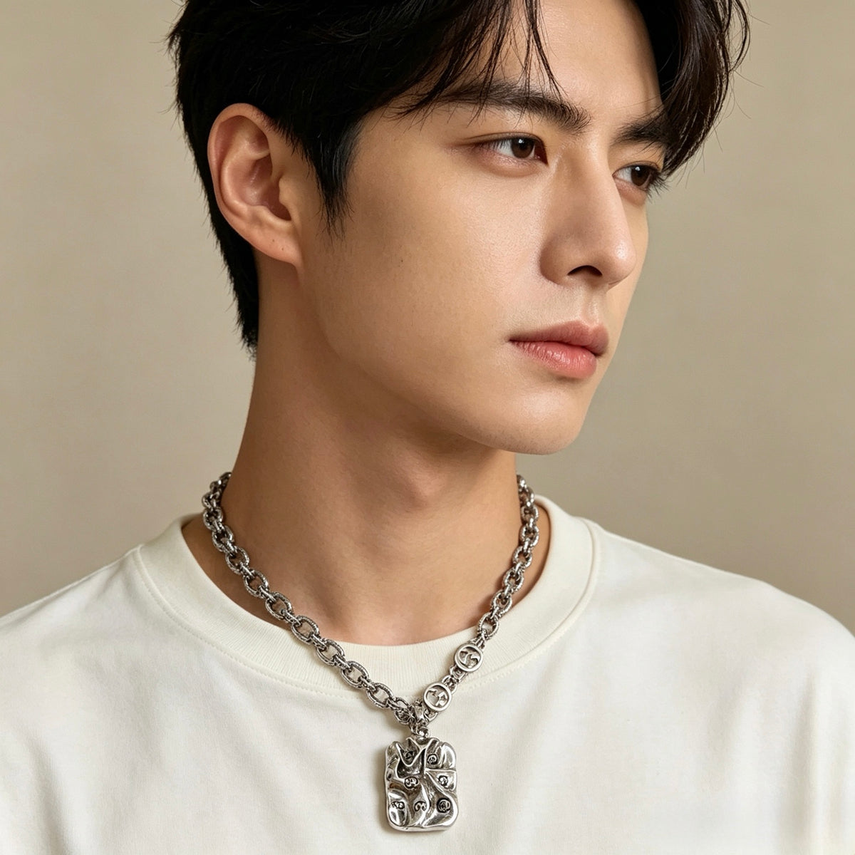 Double-G Emblem Pendant Necklace in Polished Metal-Tone – Vintage Detail – Design 004 front product view