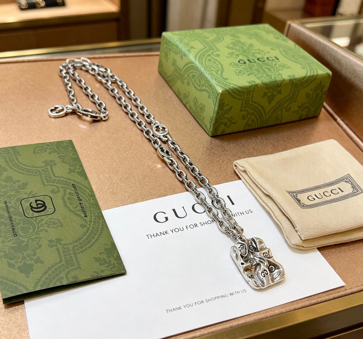 Double-G Emblem Pendant Necklace in Polished Metal-Tone – Vintage Detail – Design 004 side detail