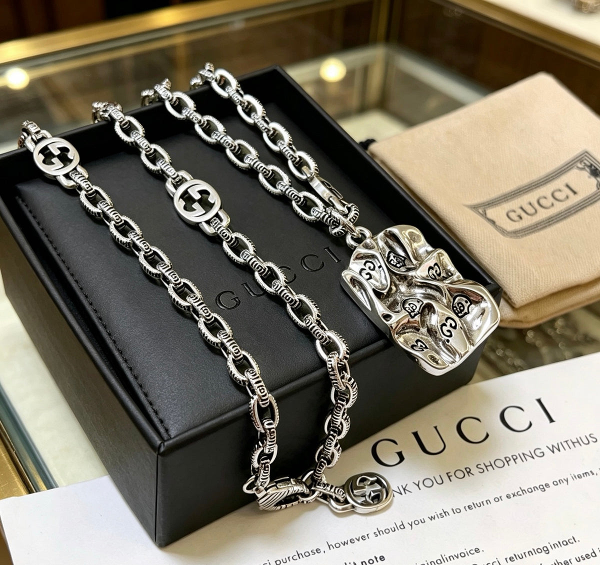 Double-G Emblem Pendant Necklace in Polished Metal-Tone – Vintage Detail – Design 004 front product view