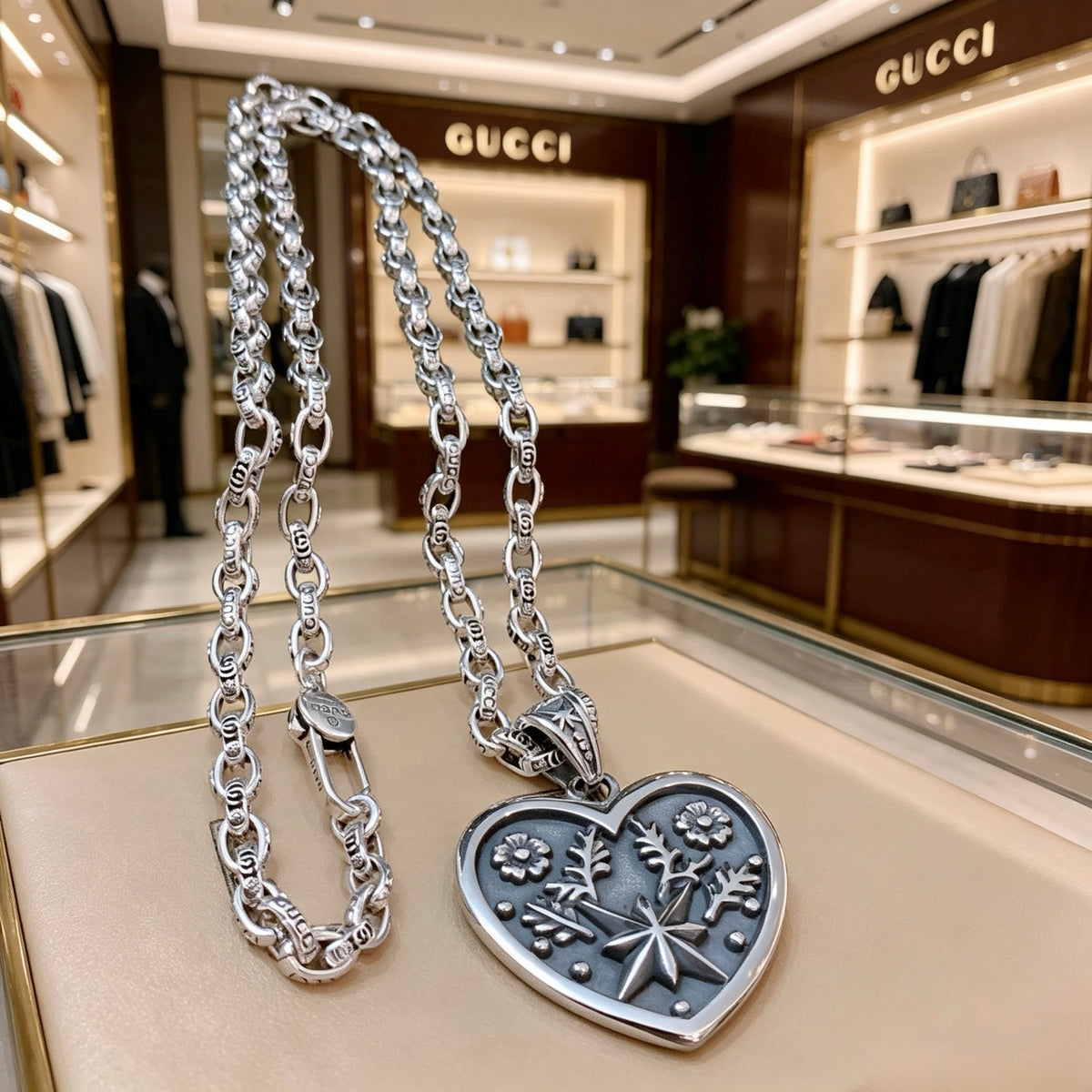 Double-G Emblem Pendant Necklace in Silver-Tone – Vintage Detail – Design 004 main product view