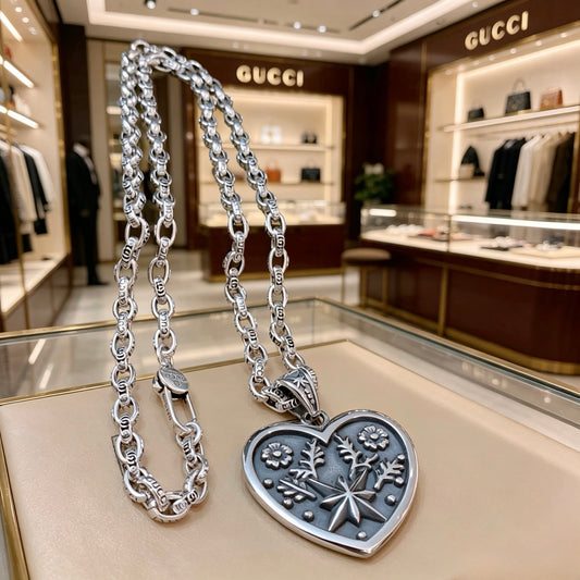Double-G Emblem Pendant Necklace in Silver-Tone – Vintage Detail – Design 004 main product view