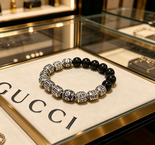 Double-G Emblem Beaded Bracelet in Polished Metal-Tone – Agate Detail – Design 003 main product view