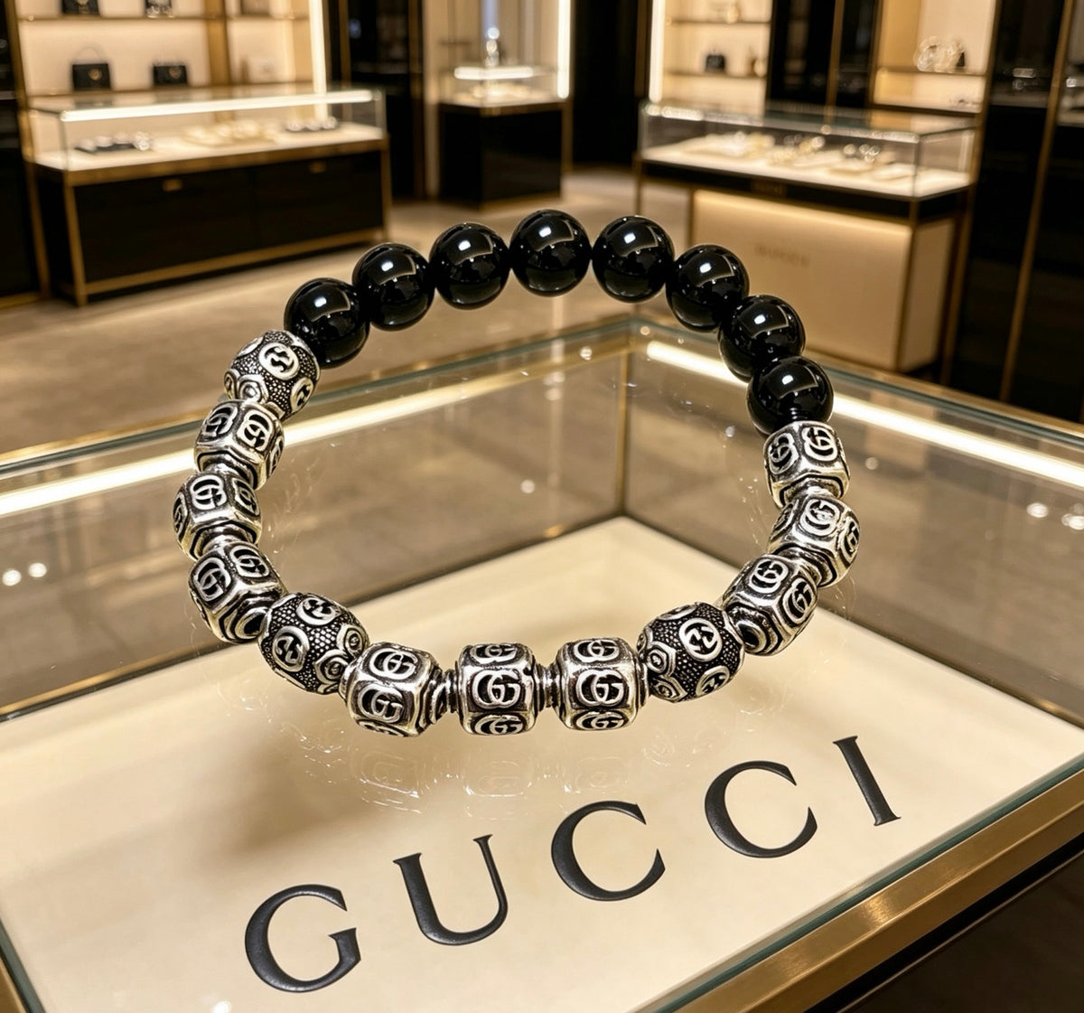 Double-G Emblem Beaded Bracelet in Polished Metal-Tone – Agate Detail – Design 003 styled product view