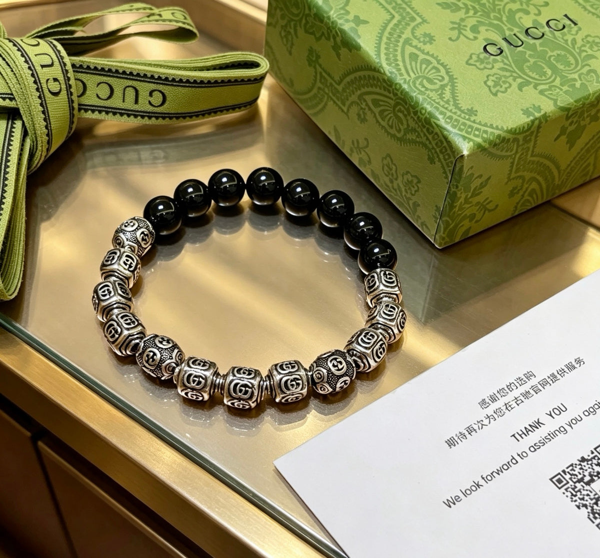 Double-G Emblem Beaded Bracelet in Polished Metal-Tone – Agate Detail – Design 003 front product view