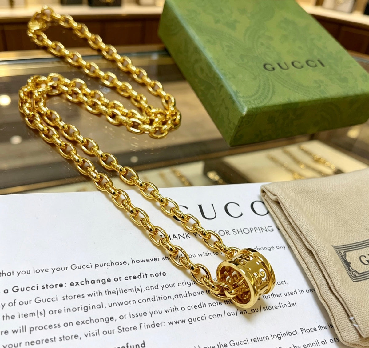 Double-G Emblem Pendant Necklace in Gold-Tone – Vintage Detail side detail