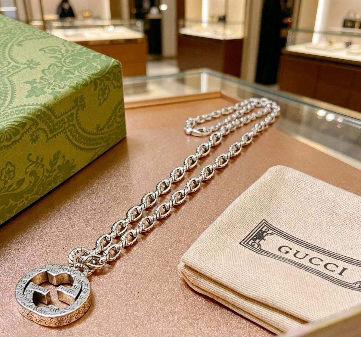 Double-G Emblem Pendant Necklace in Polished Metal-Tone – Design 008 close-up detail