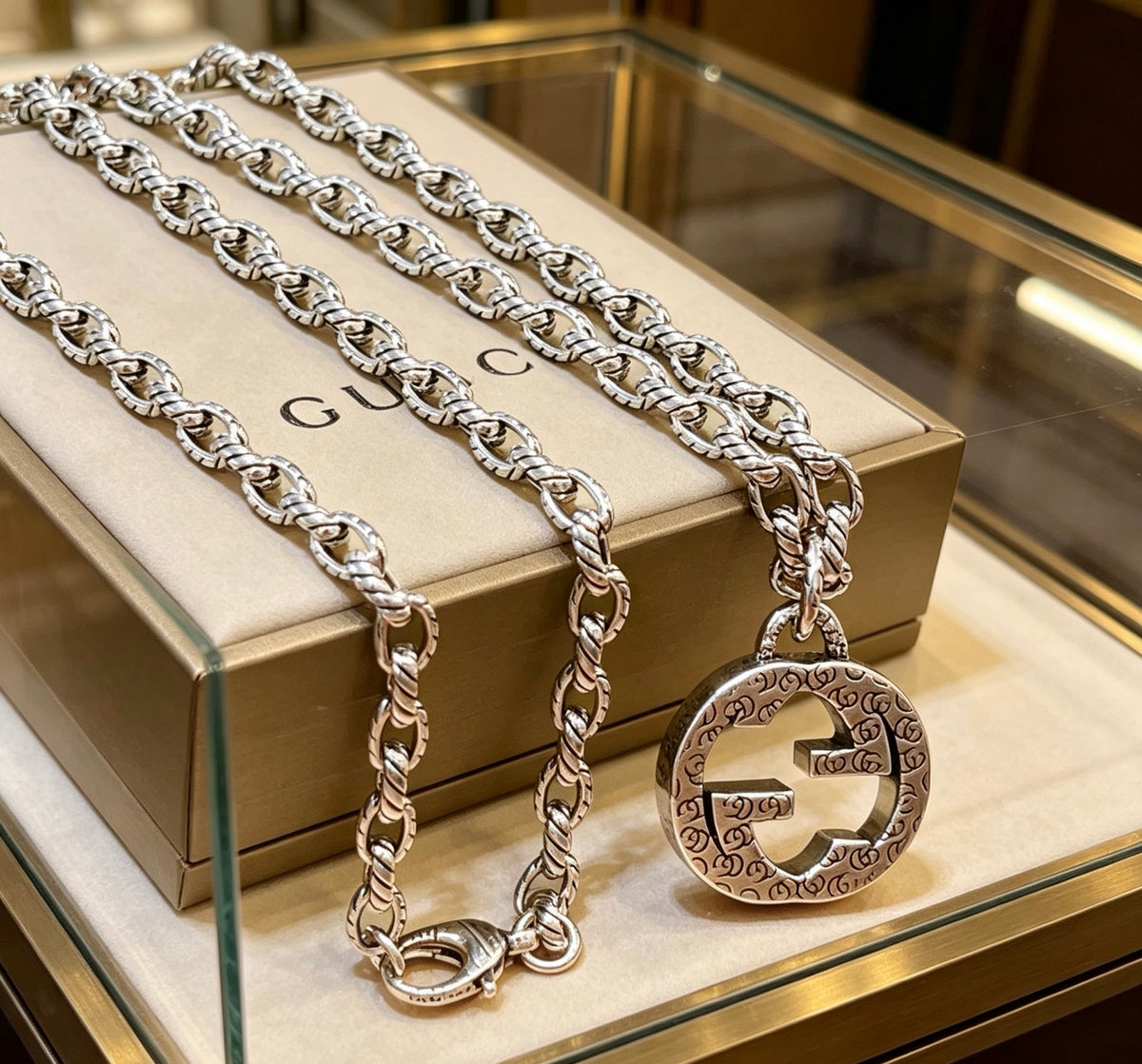 Double-G Emblem Pendant Necklace in Polished Metal-Tone – Design 008 front product view