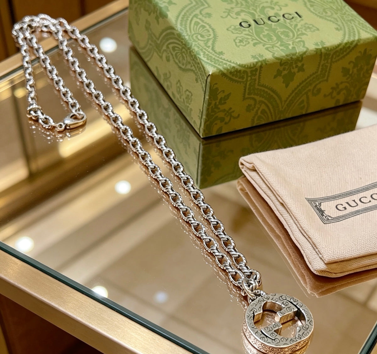 Double-G Emblem Pendant Necklace in Polished Metal-Tone – Design 008 front product view