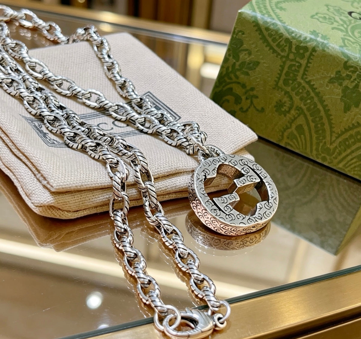 Double-G Emblem Pendant Necklace in Polished Metal-Tone – Design 008 main product view