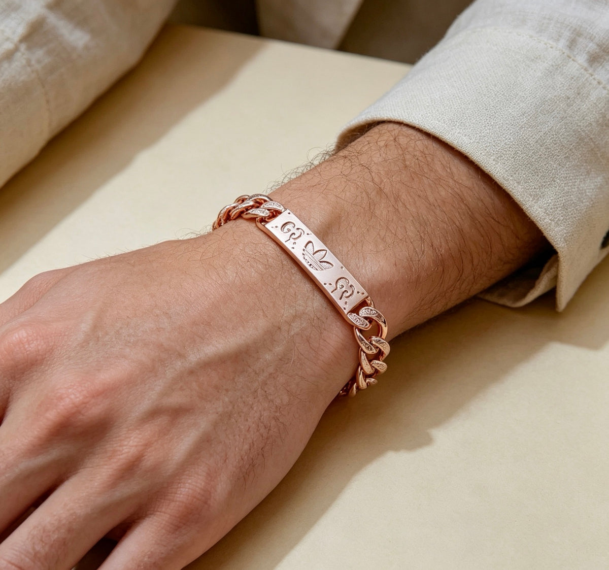 Geometric Emblem Bracelet in Polished Metal-Tone – Design 003 detail view