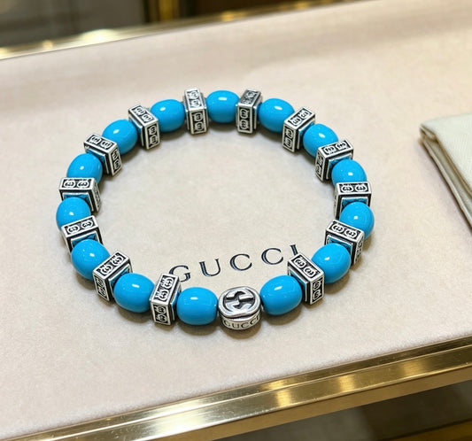 Double-G Emblem Beaded Bracelet in Polished Metal-Tone – Turquoise Detail main product view